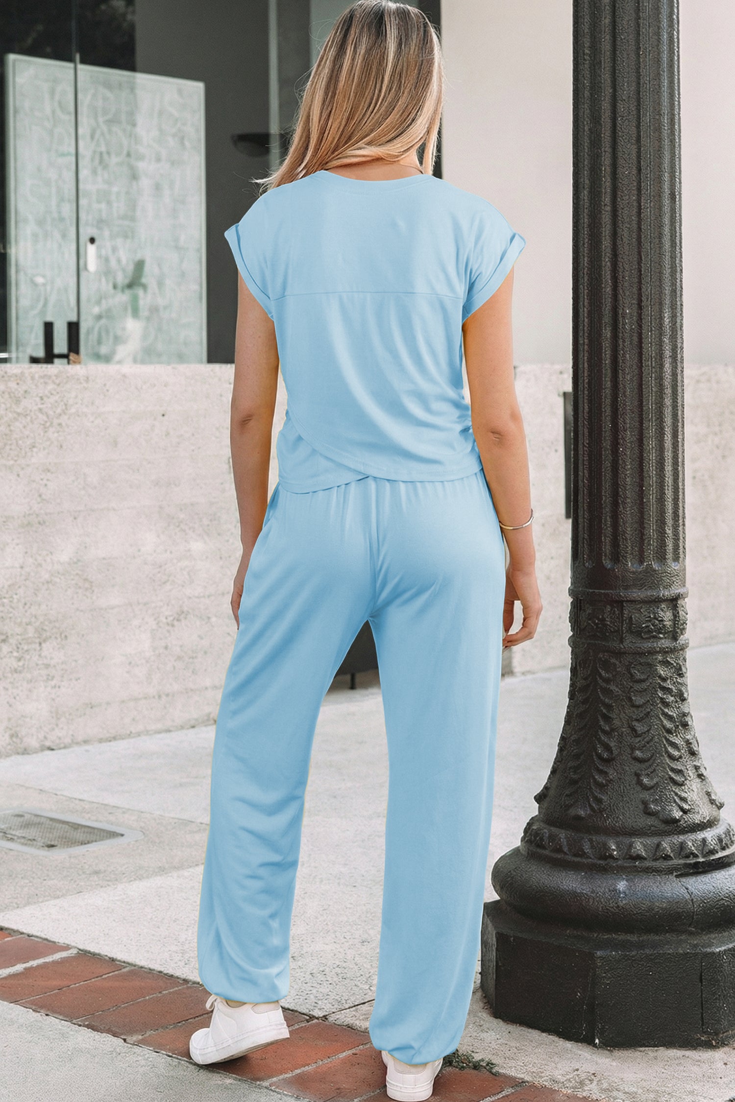 Yellow Cream Solid Color Cropped Tank Top and Jogger Pants Set