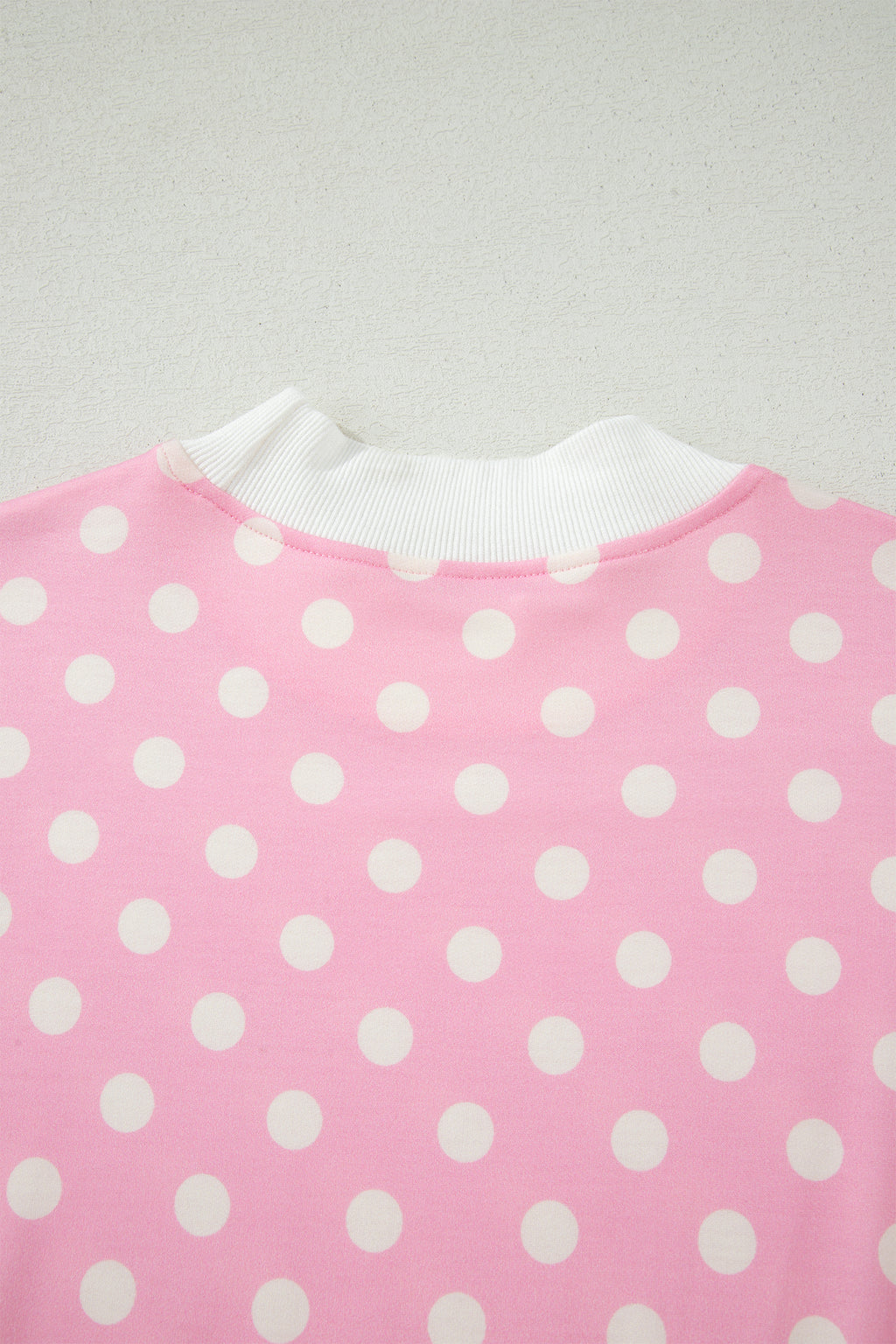Pink Polka Dot Print Color Block Trim Mock Neck Short Set