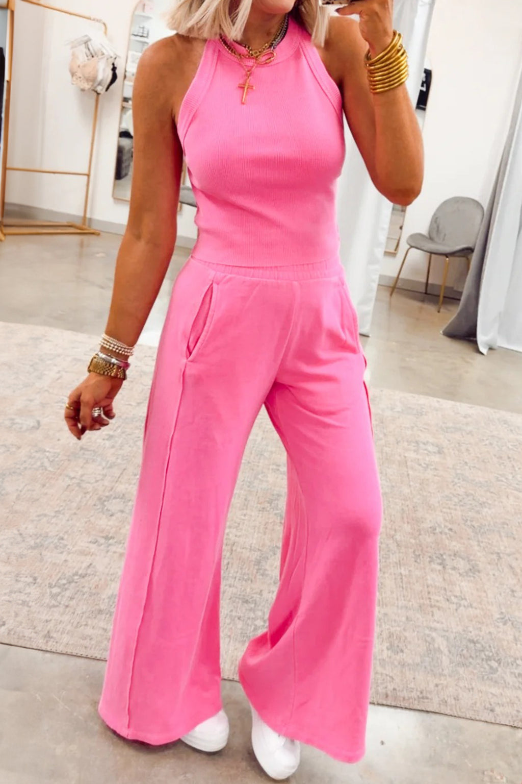 Sachet Pink Slim Ribbed Tank Top and Sweatpants Set