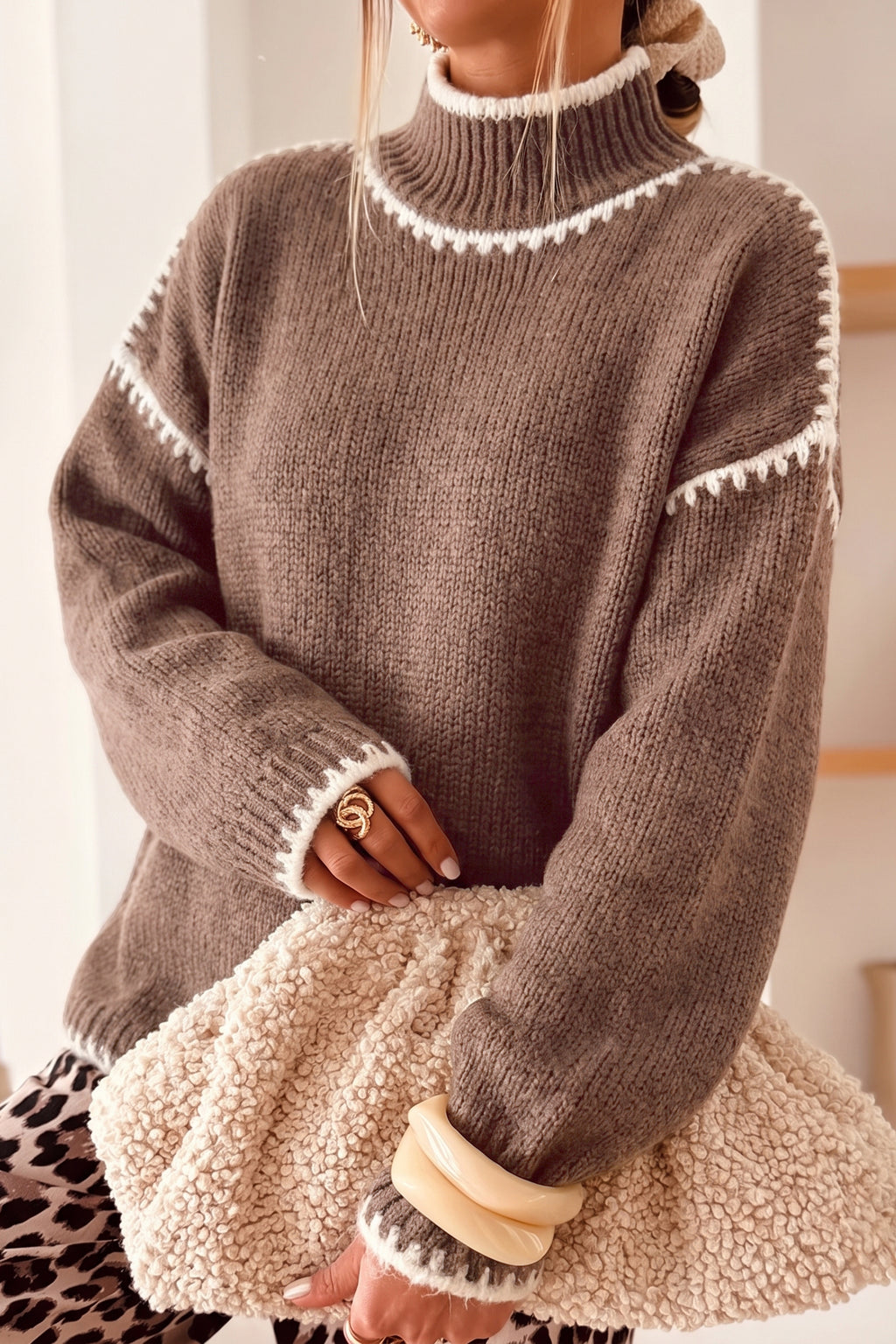 Contrast Trim Mock Neck Relaxed Sweater