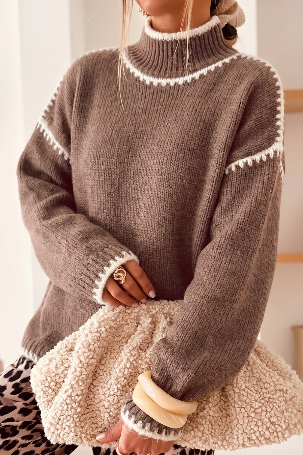 Contrast Trim Mock Neck Relaxed Sweater