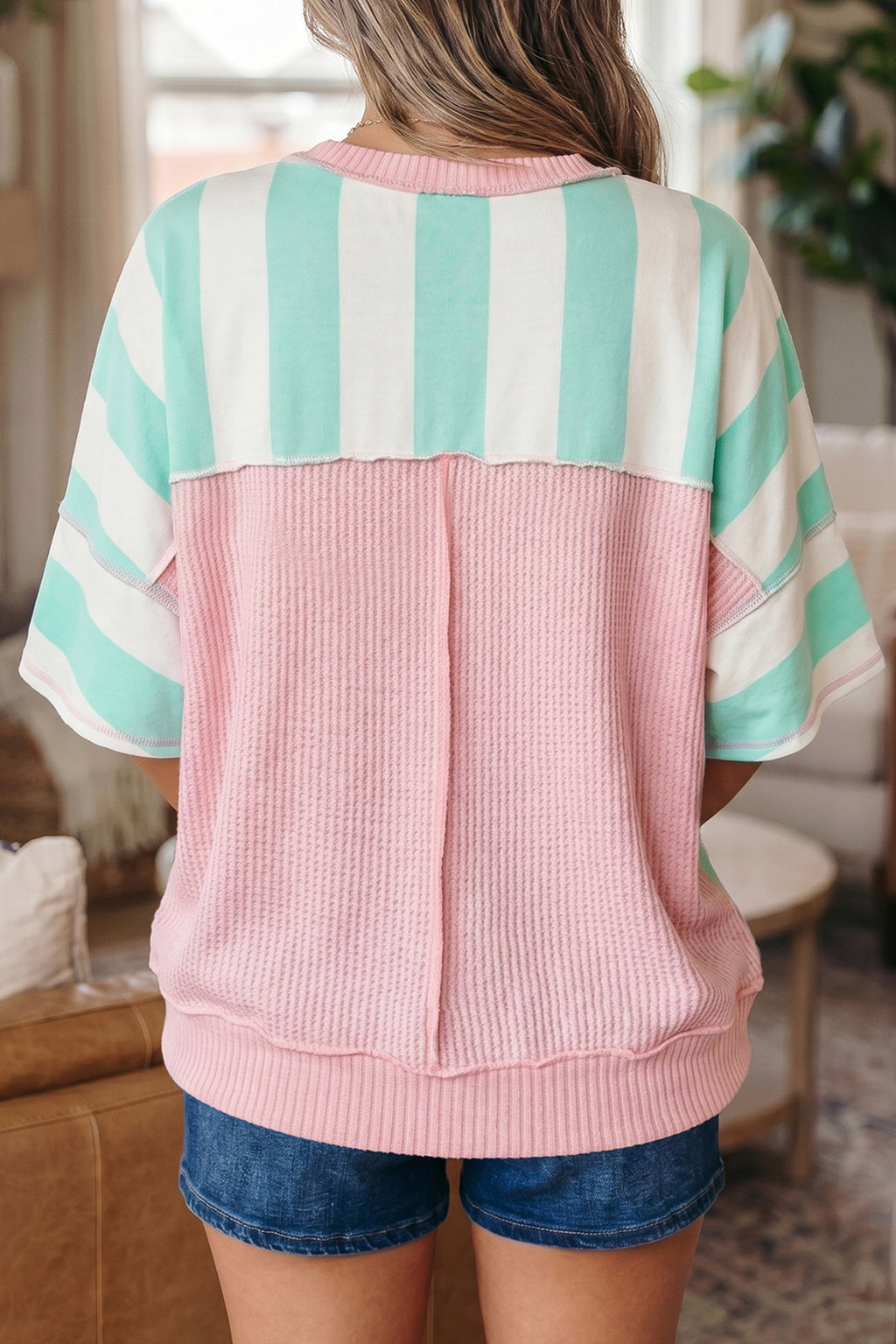 Pink Stripe Exposed Seam Ribbed Patchwork Oversized Tee