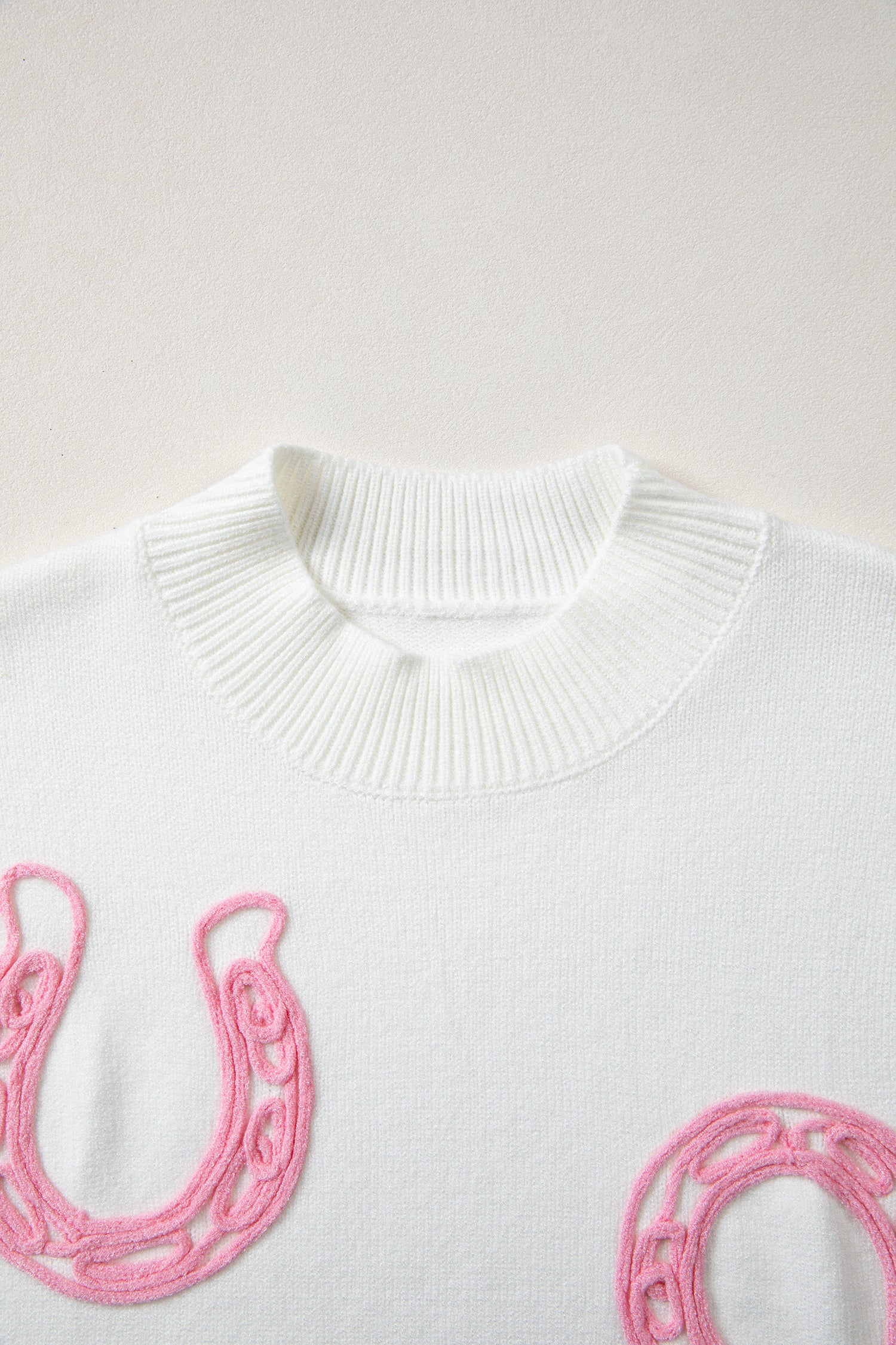 Bright Green Corded Horseshoes Ribbed Trim Mock Neck Short Sleeve Sweater