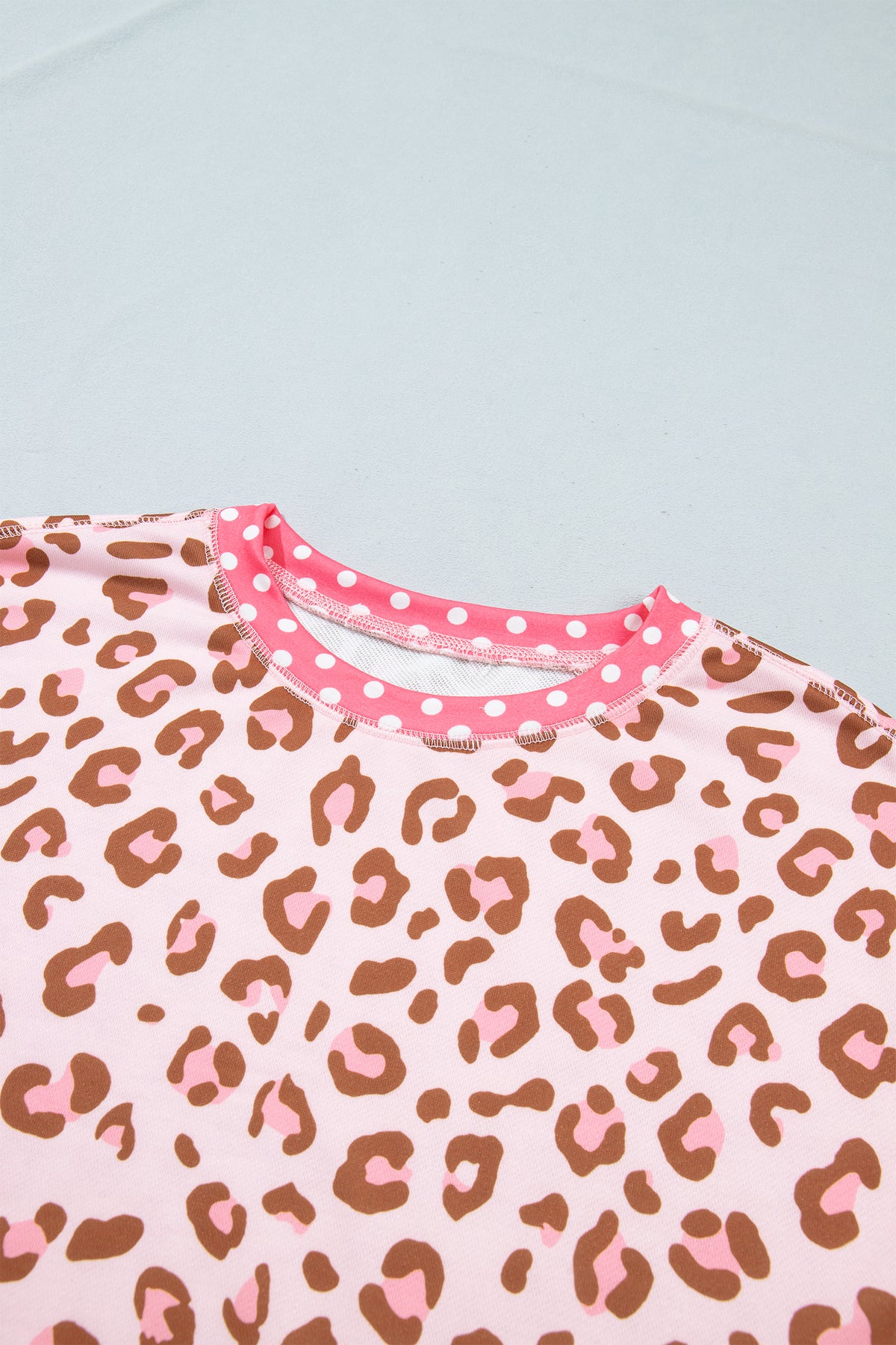 Khaki Leopard Polka Dot Colorblock Trim Long Sleeve Top