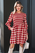 Red Plaid Print Smocked Puff Sleeve Mini Dress