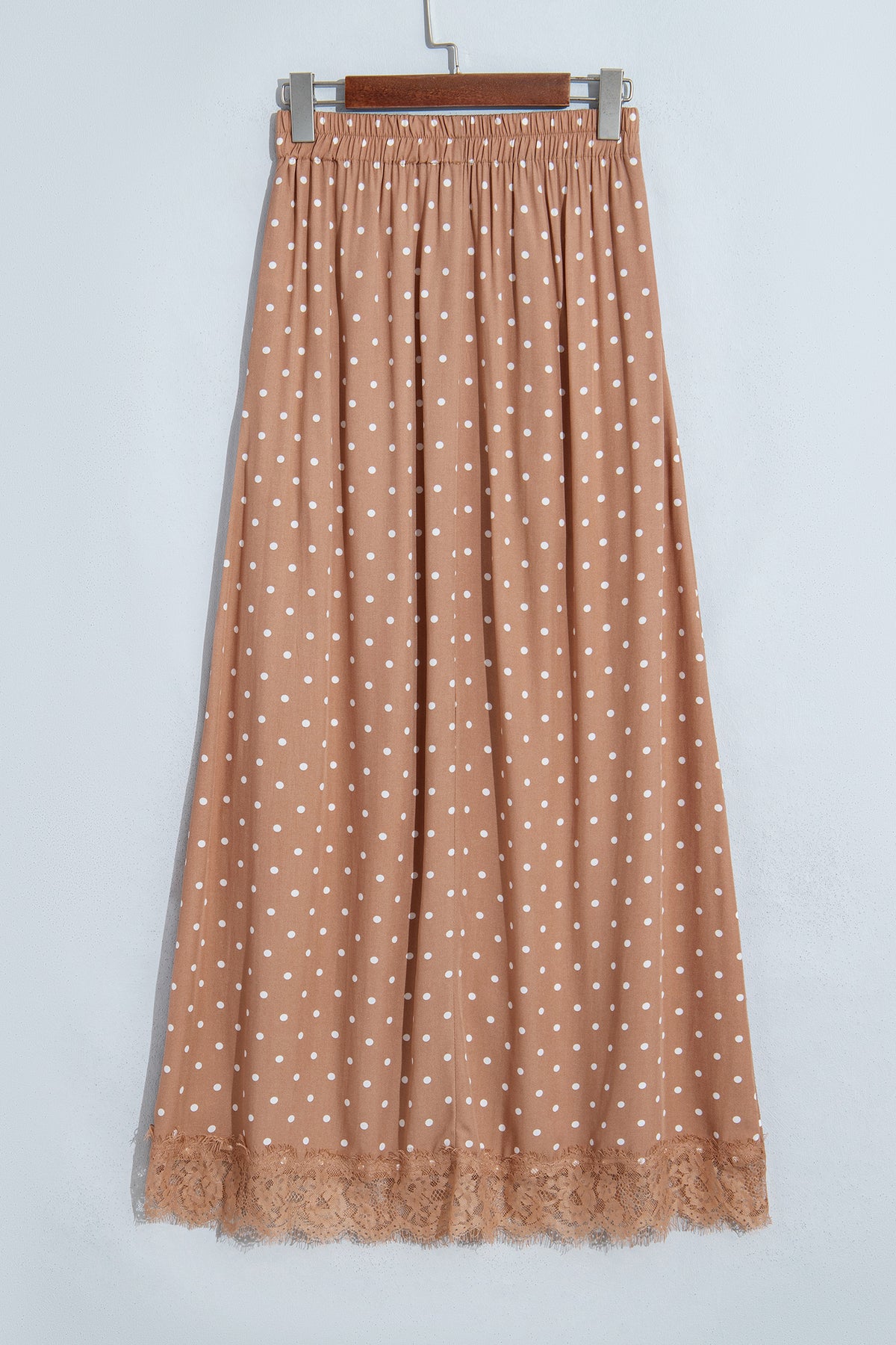 Khaki Polka Dot Lace Hem Elegant Long Shift Skirt