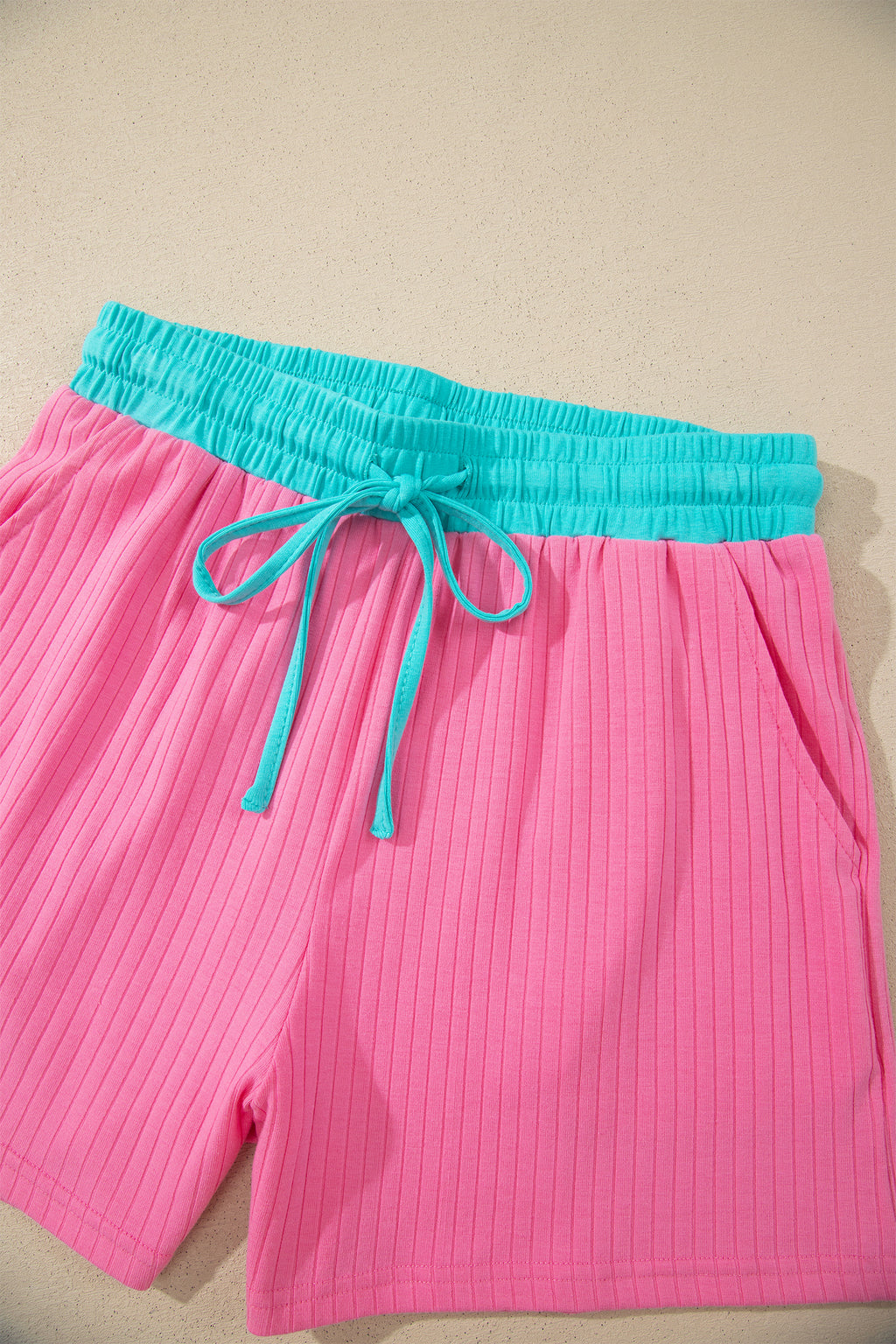 Yellow Cream Soft Ribbed Color Block Trim Casual Short Set