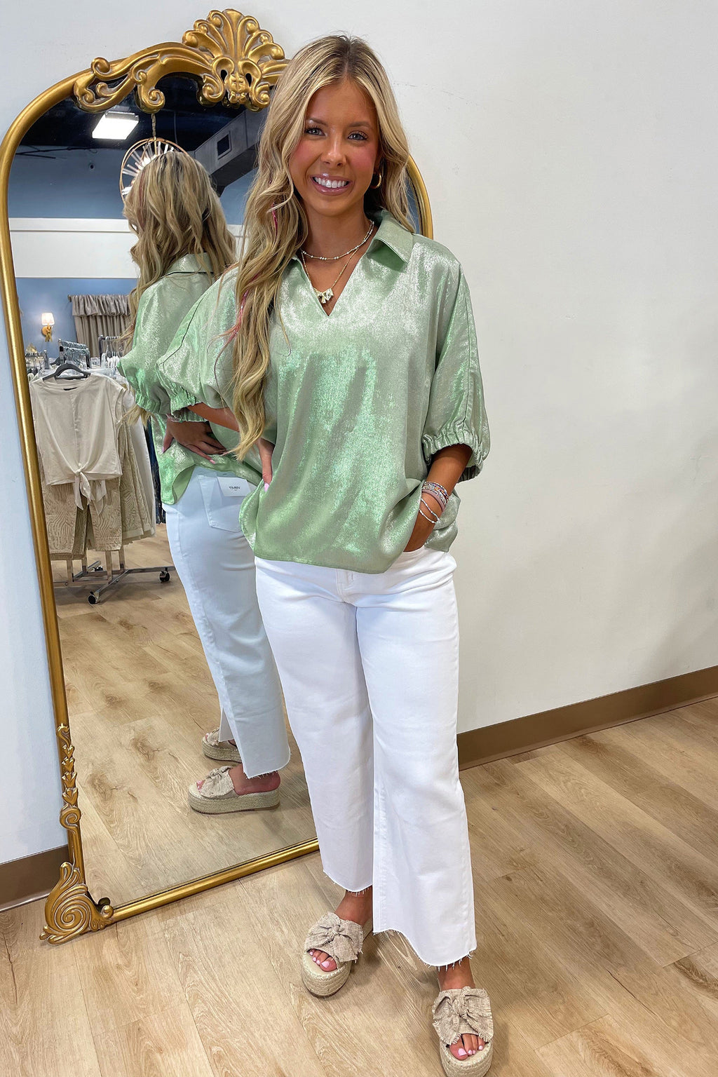 Myosotis Collared V Neck Half Sleeve Metallic Top