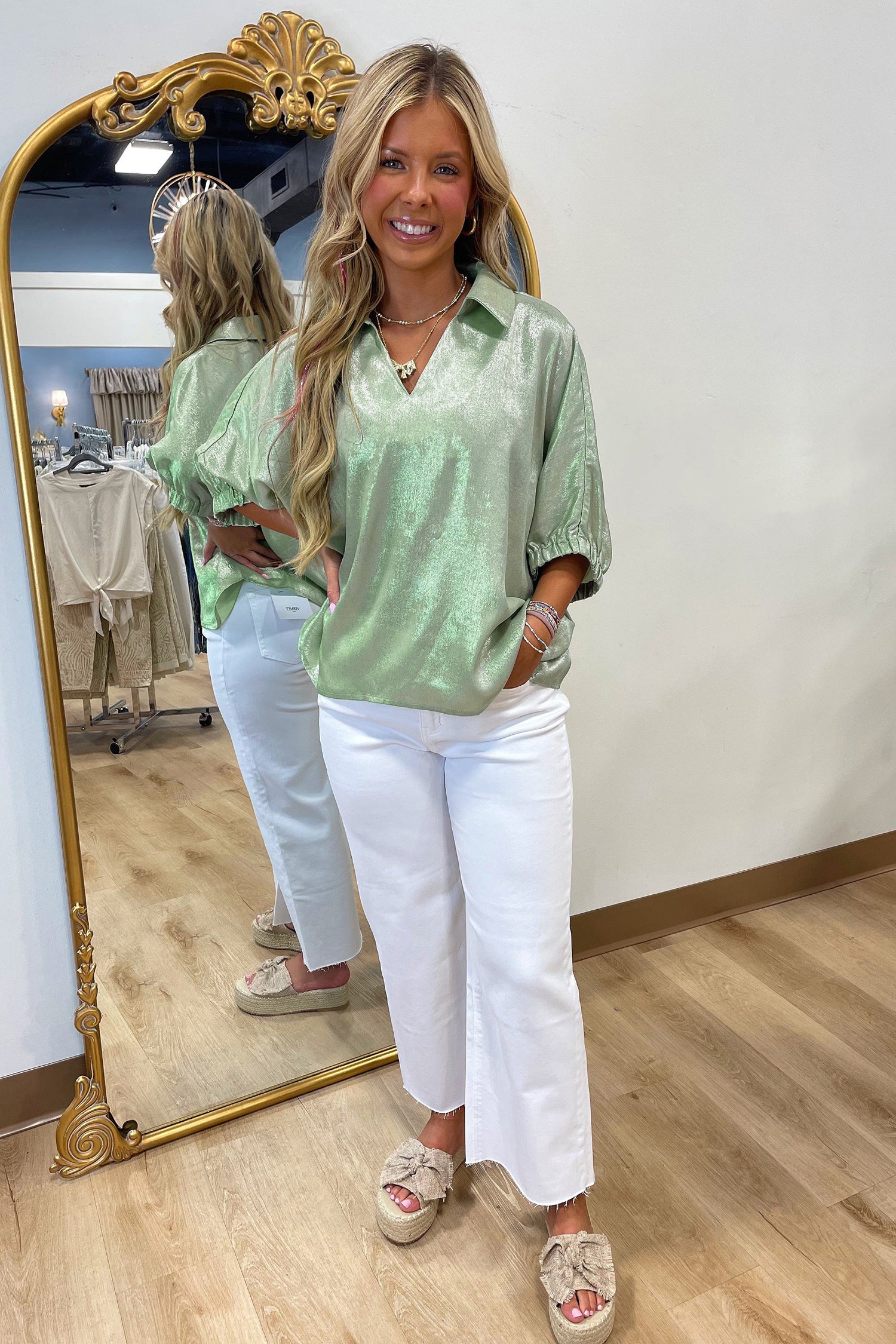 Myosotis Collared V Neck Half Sleeve Metallic Top