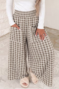 Khaki Plaid Elastic Waist Patch Pocket Wide Leg Pants