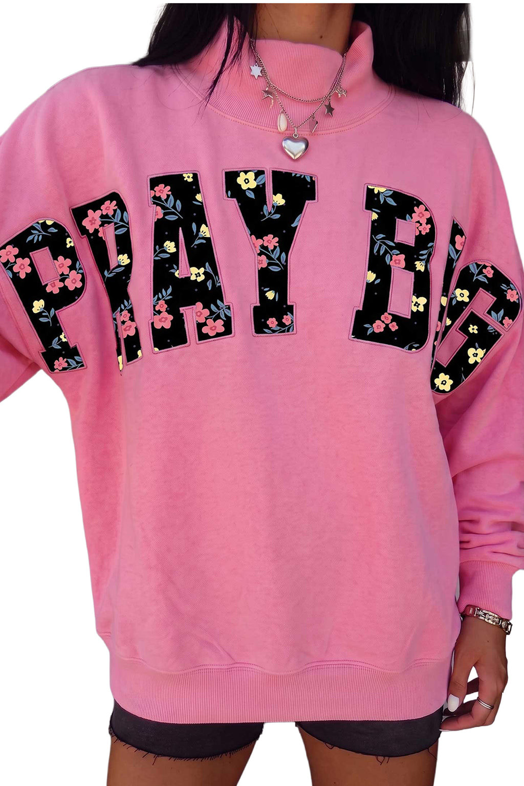 Pink PRAY BIG Embroidered Mock Neck Sweatshirt