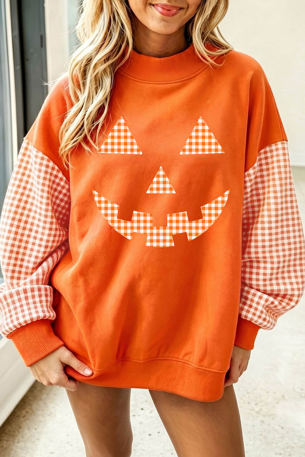 Russet Orange Plaid Sleeve Halloween Pumpkin Face Graphic Sweatshirt