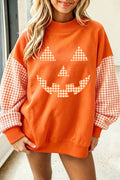 Russet Orange Plaid Sleeve Halloween Pumpkin Face Graphic Sweatshirt