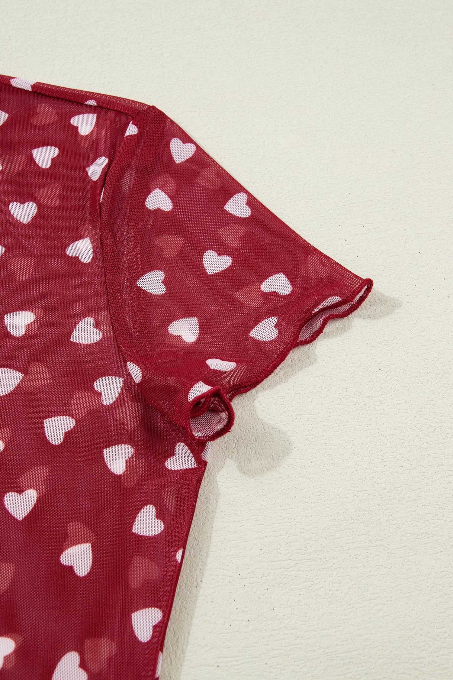 Racing Red Allover Heart Print Mesh Short Sleeve Top