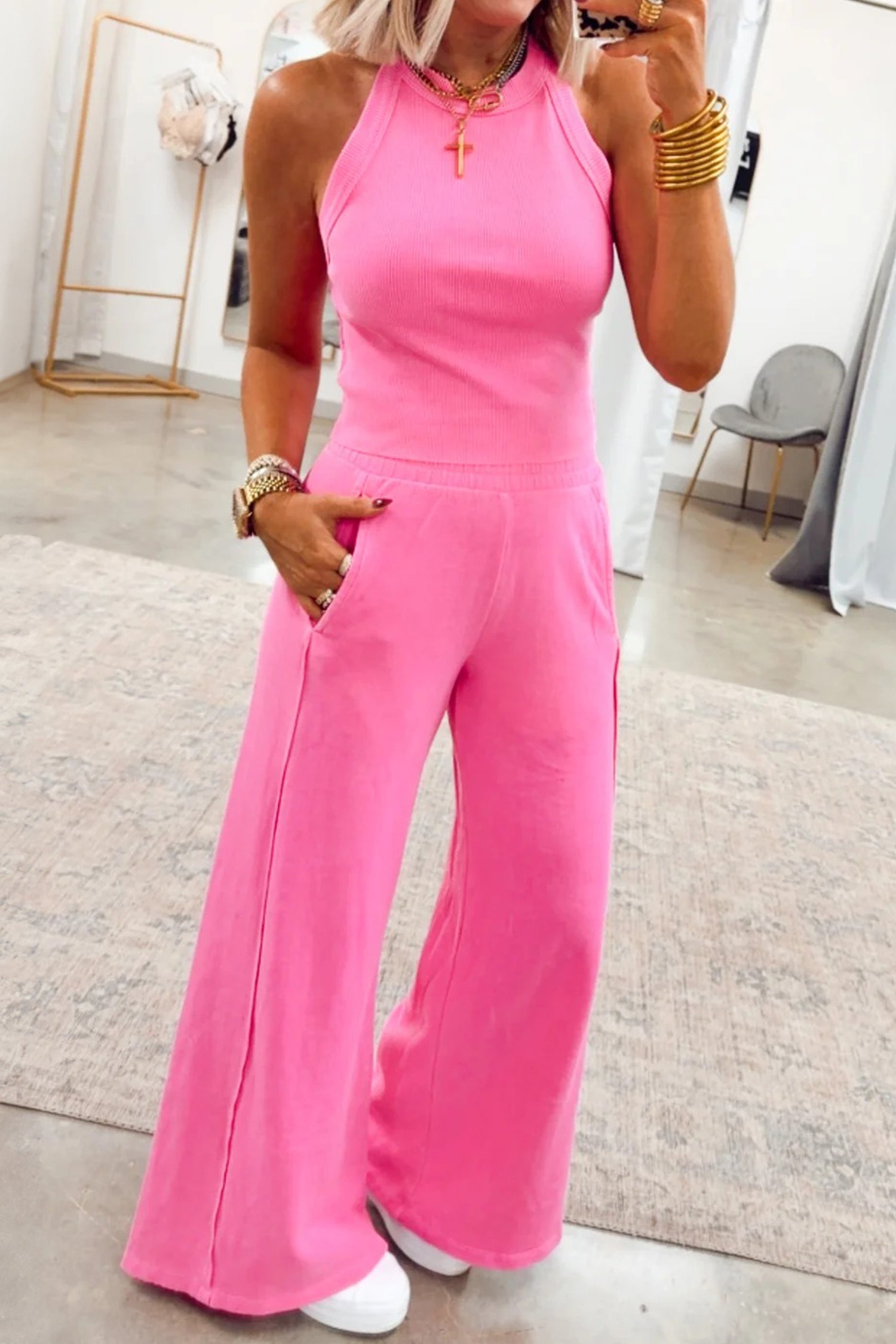Sachet Pink Slim Ribbed Tank Top and Sweatpants Set