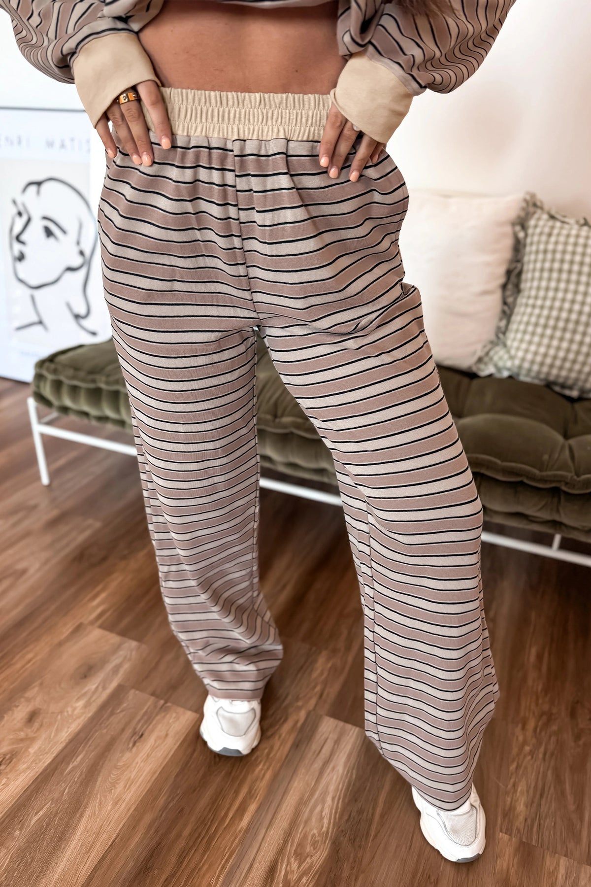 Khaki Striped Long-Sleeve Top & Wide-Leg Pants Lounge Set