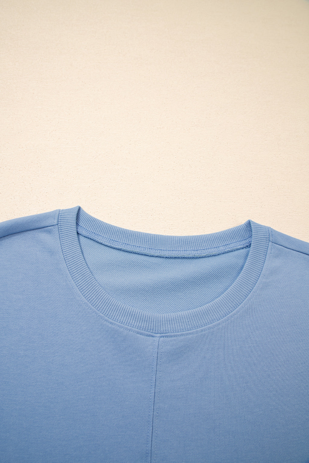 Sky Blue Solid Color Contrast Textured Patchwork Raw Edge 2pcs Short Set