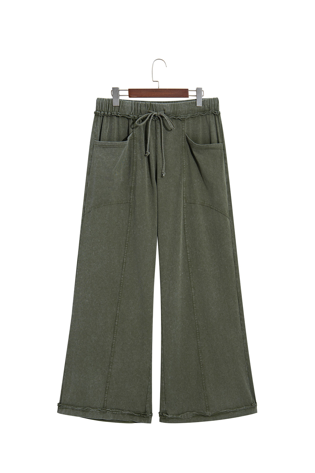 Jungle Green Mineral Wash Seam Detail Flare Leg Drawstring Pants