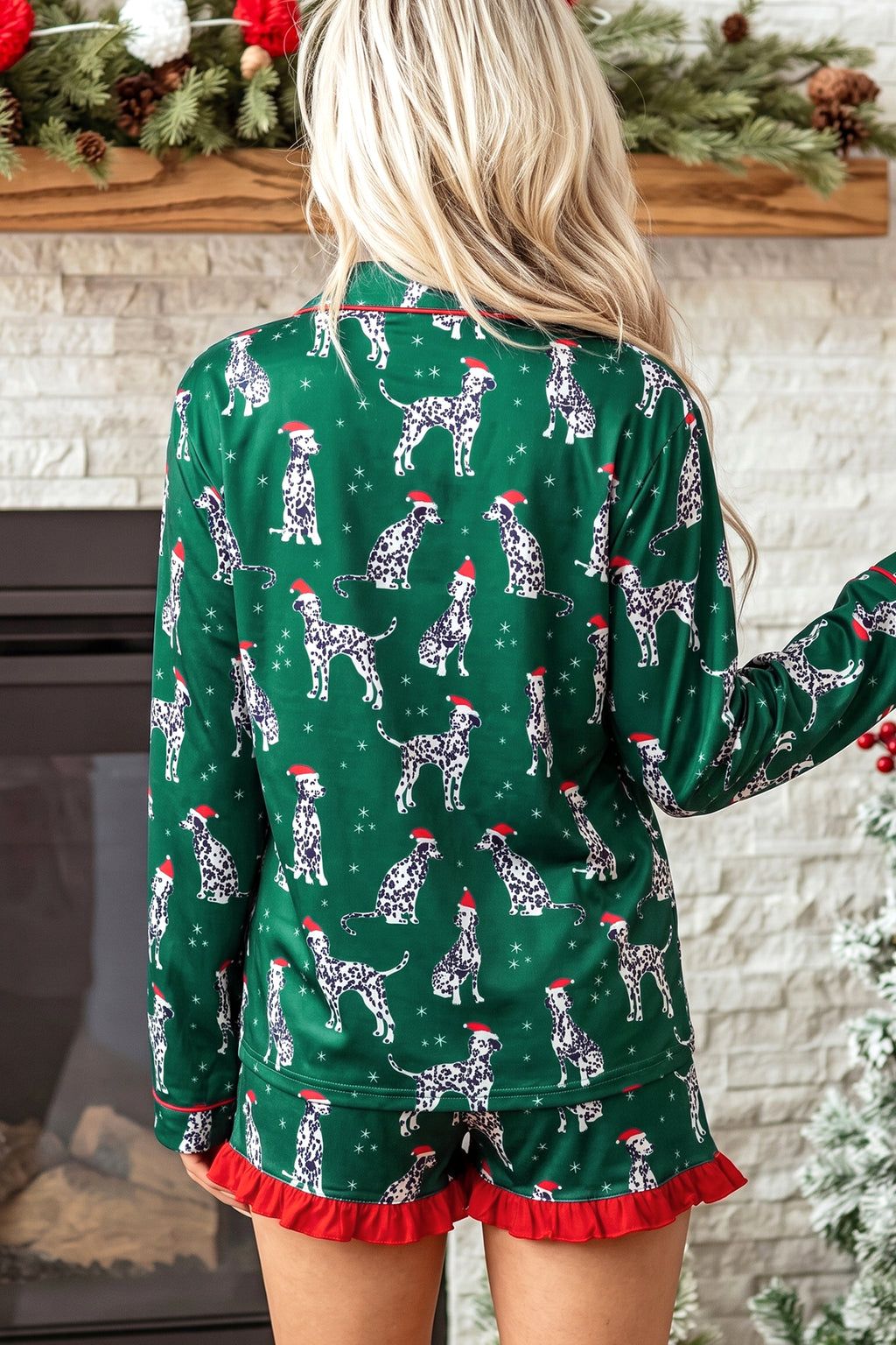Green Long Sleeve Dog Print Two Piece Shift Christmas Lounge Set