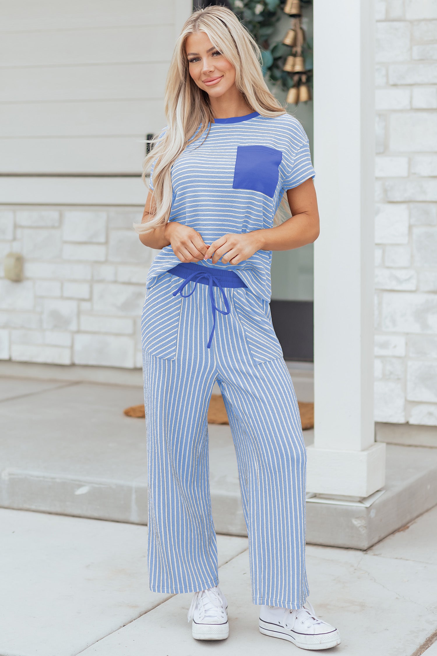 Rose Stripe Crew Neck Tee Drawstring Waist Cropped Pants Set