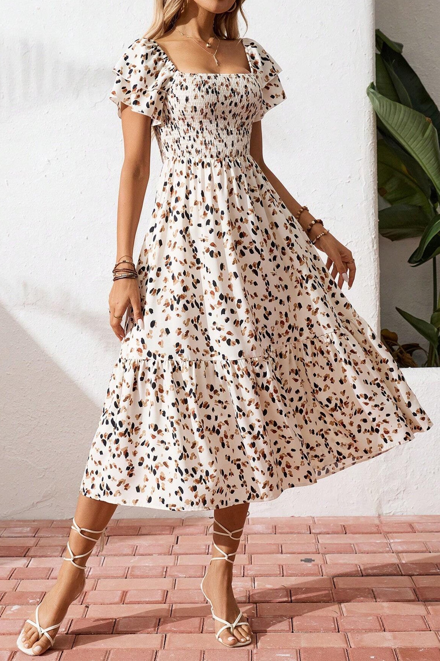 Beige Ditsy Floral Print Smocked Square Neck Ruffle Short Sleeve Dress