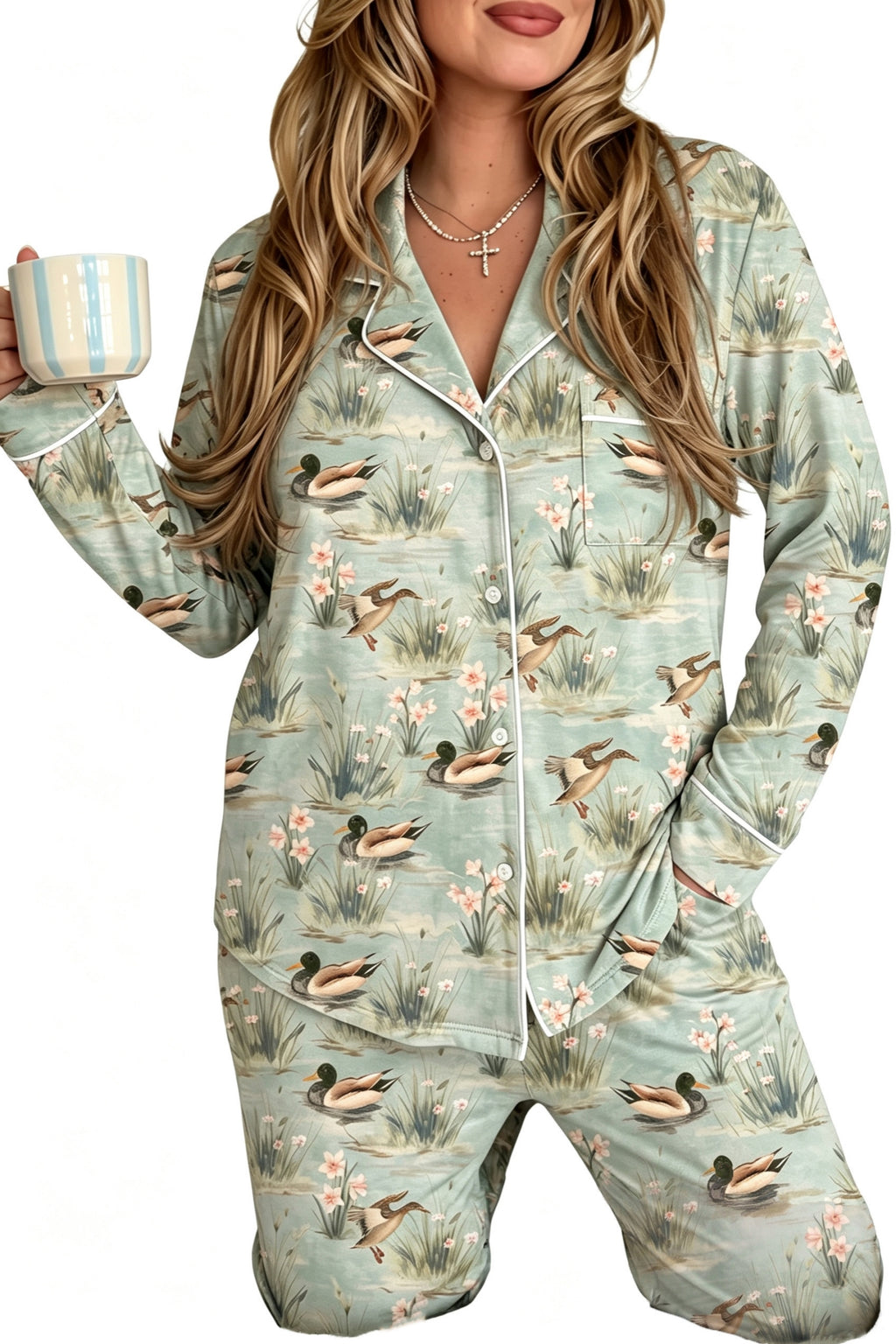 Green Floral Duck Print Long-Sleeve Pajama Pants Set