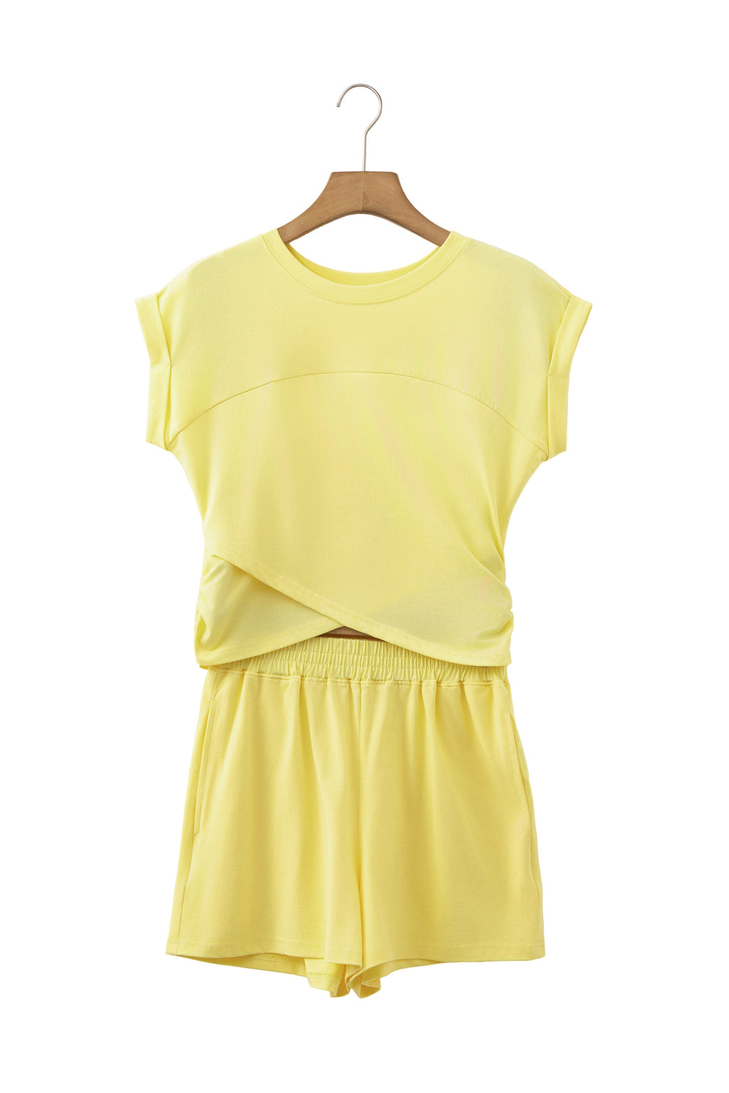 Mint Green Solid Short Sleeve Elastic Waist Pocket Casual Two Piece Short Set