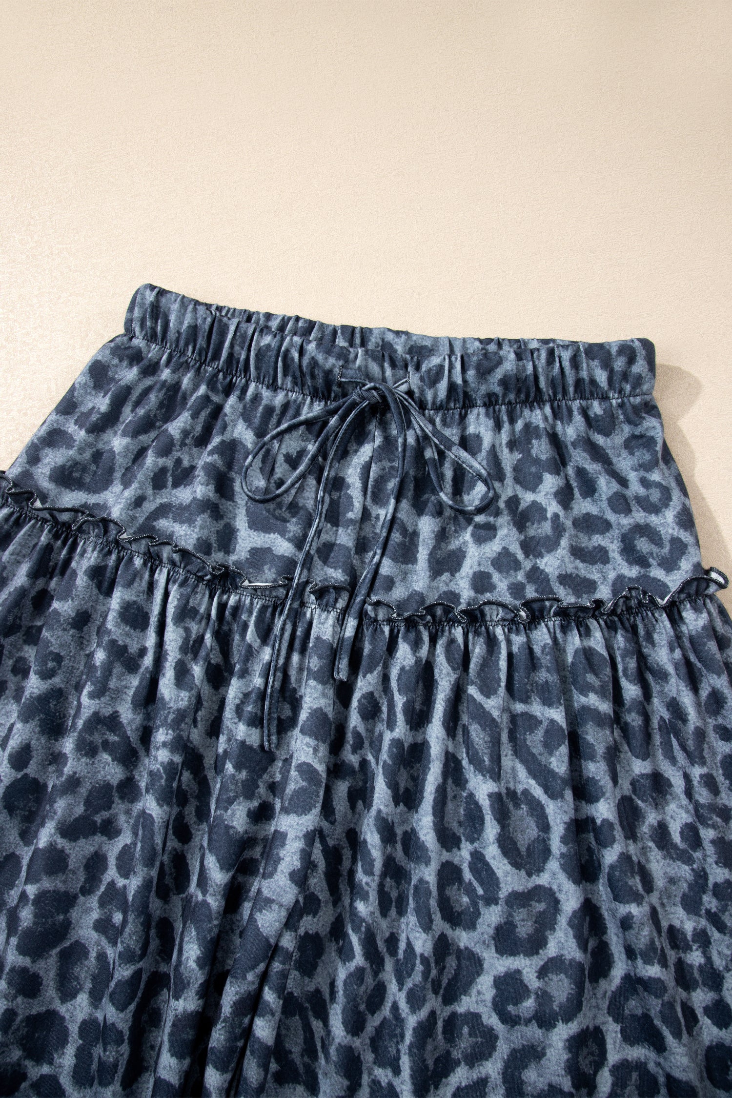 Gray Wild Leopard Print Frilled Detail Drawstring Wide Leg Pants