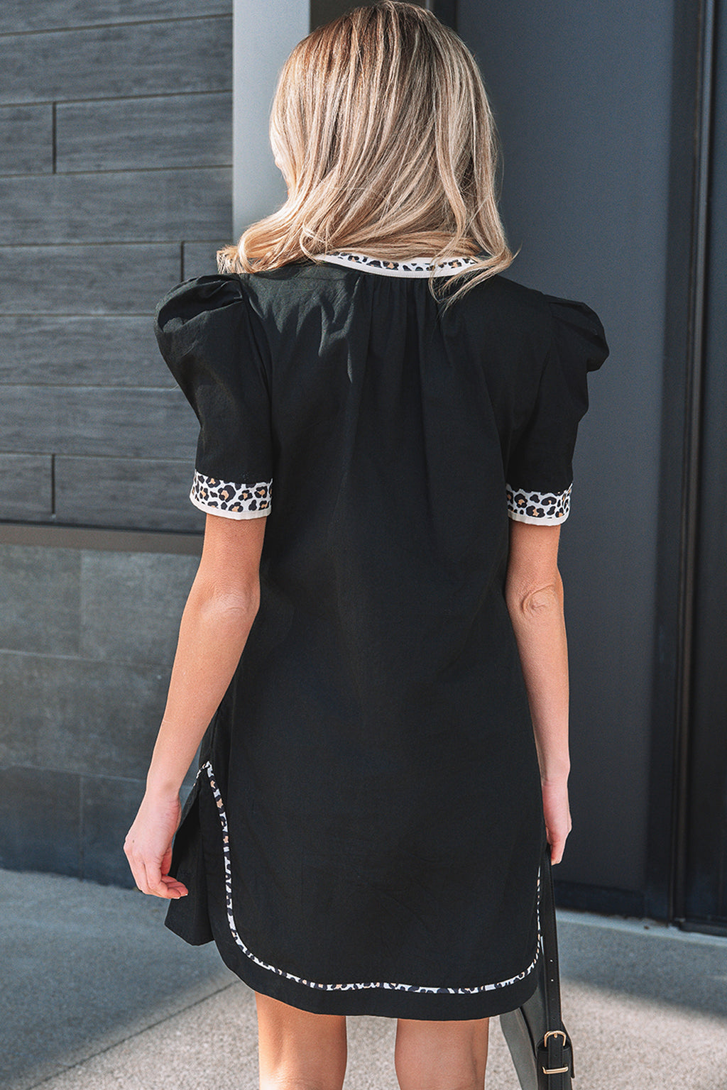 Black Leopard Trim Notched Neck Short Puff Sleeve Shift Mini Dress Black / M / 100%Cotton
