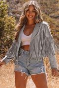Gray Cropped Fringe Faux Suede Jacket