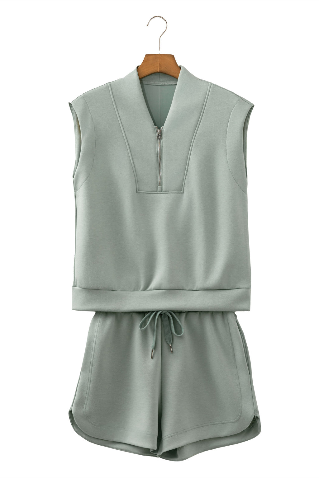 Smoke Green Quarter Zip Sleeveless Top Drawstring Shorts Casual 2pcs Outfit