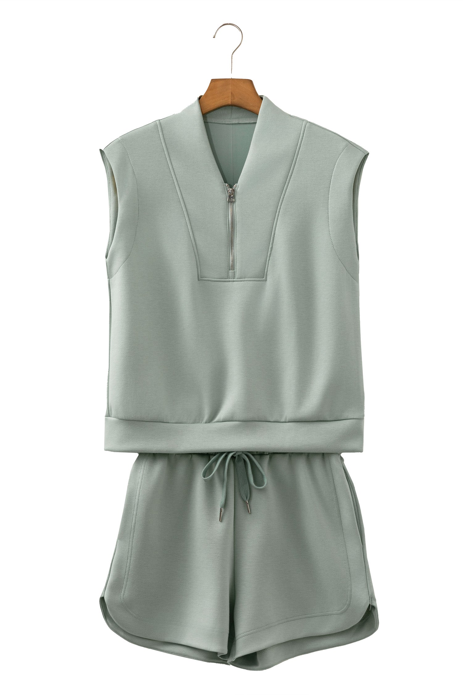 Smoke Green Quarter Zip Sleeveless Top Drawstring Shorts Casual 2pcs Outfit
