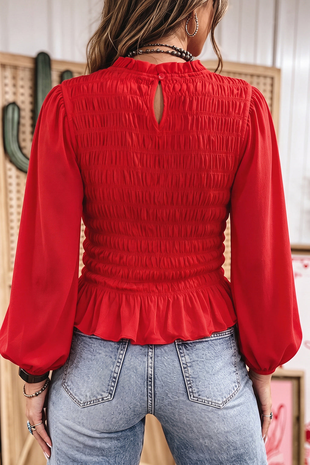 Coffee Solid Color Smocked Ruffle Hem Long Sleeve Blouse