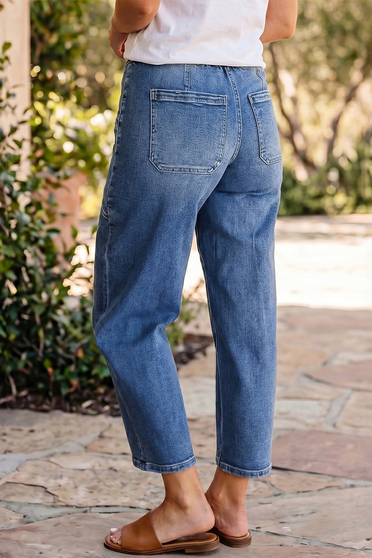 Black Drawstring Waist Ankle Length Casual Jeans Regular Fit Pocket Detail Denim Pants
