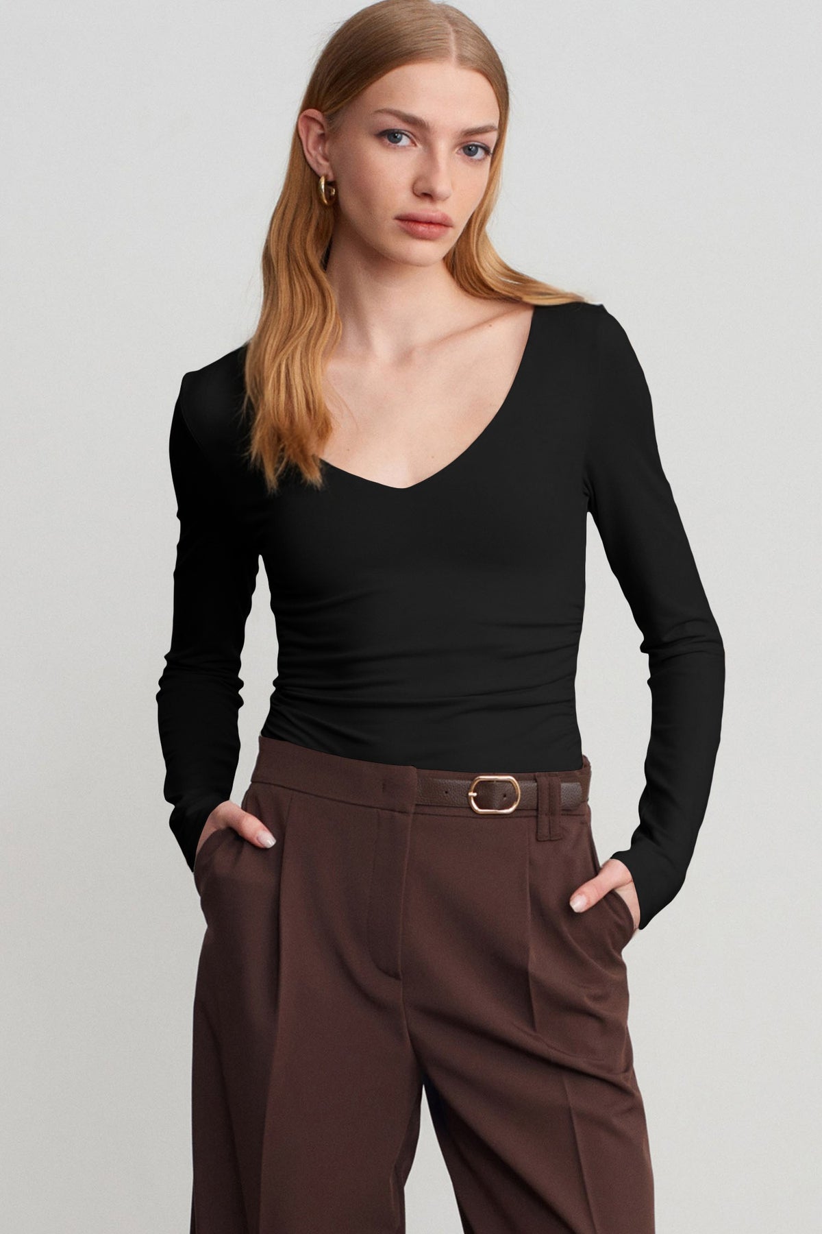 Slim-Fit V-Neck Long-Sleeve Top with Built-In Bra