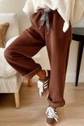 Coffee Fleece Lined Leopard Drawstring Elastic Waist Solid Pants