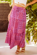 Orange Tiered Paisley Print Pocketed Maxi Skirt