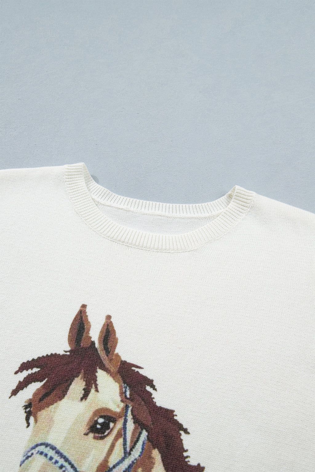White Wild West Horse Head Printed Short Sleeve Sweater