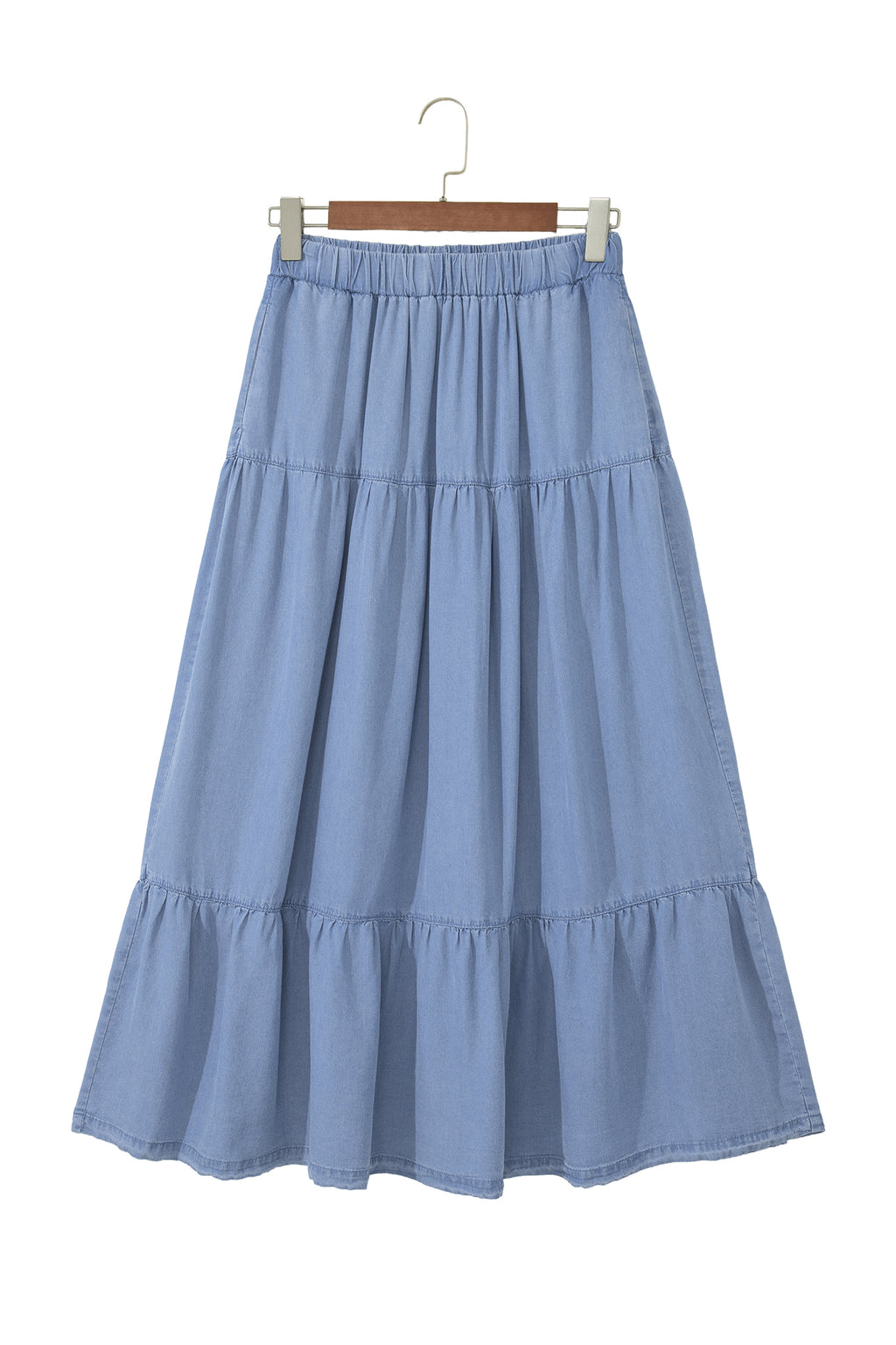 Beau Blue Elastic Waist Ruffled Tiered Flared Denim Maxi Skirt