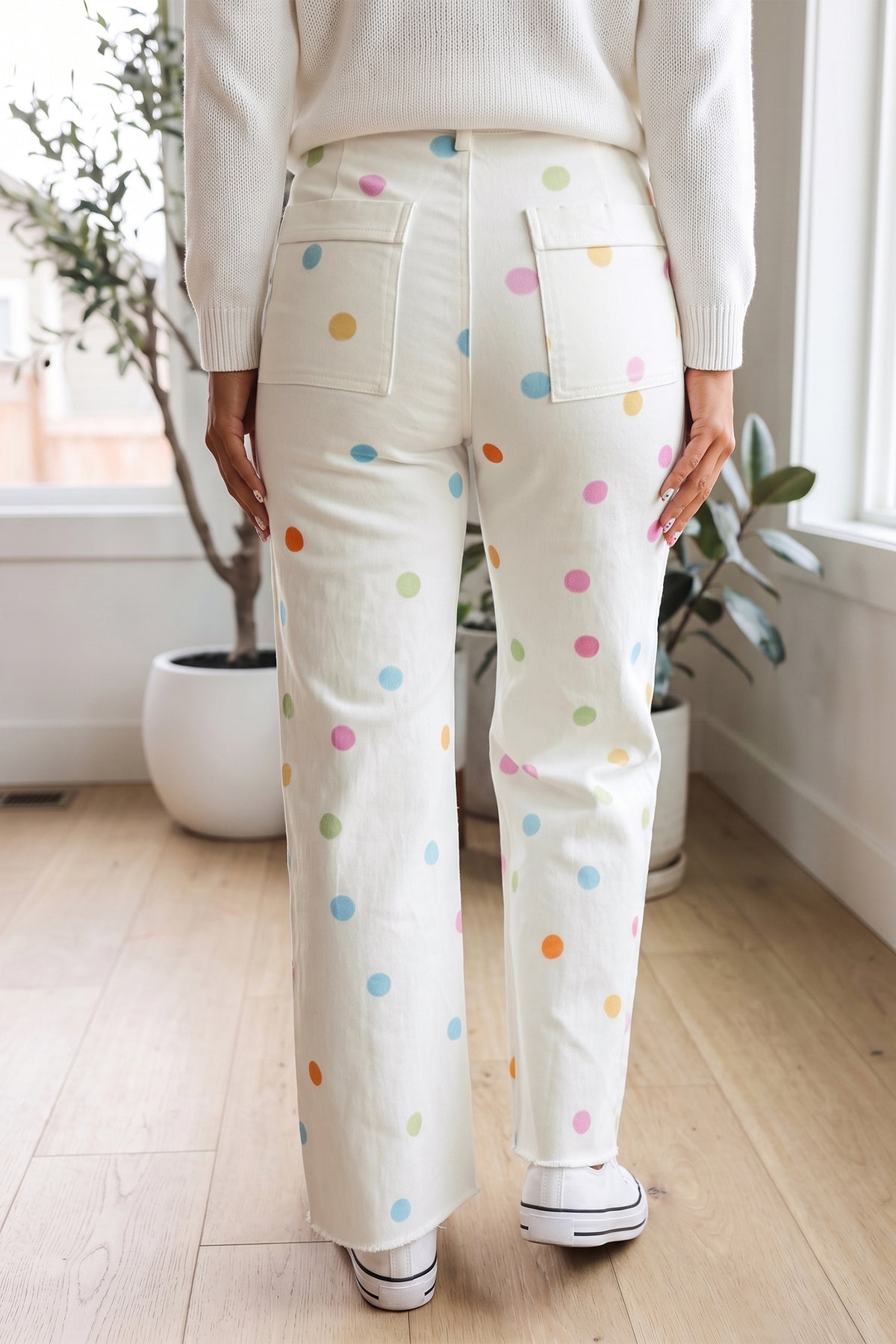 White Polka Dot High-Rise Straight-Leg Jeans
