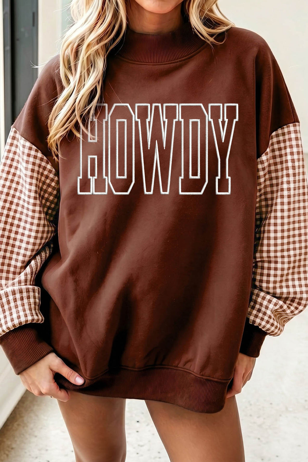 Coffee Contrast Plaid Sleeve HOWDY Embroidered Letter Graphic Mock Neck Sweatshirt