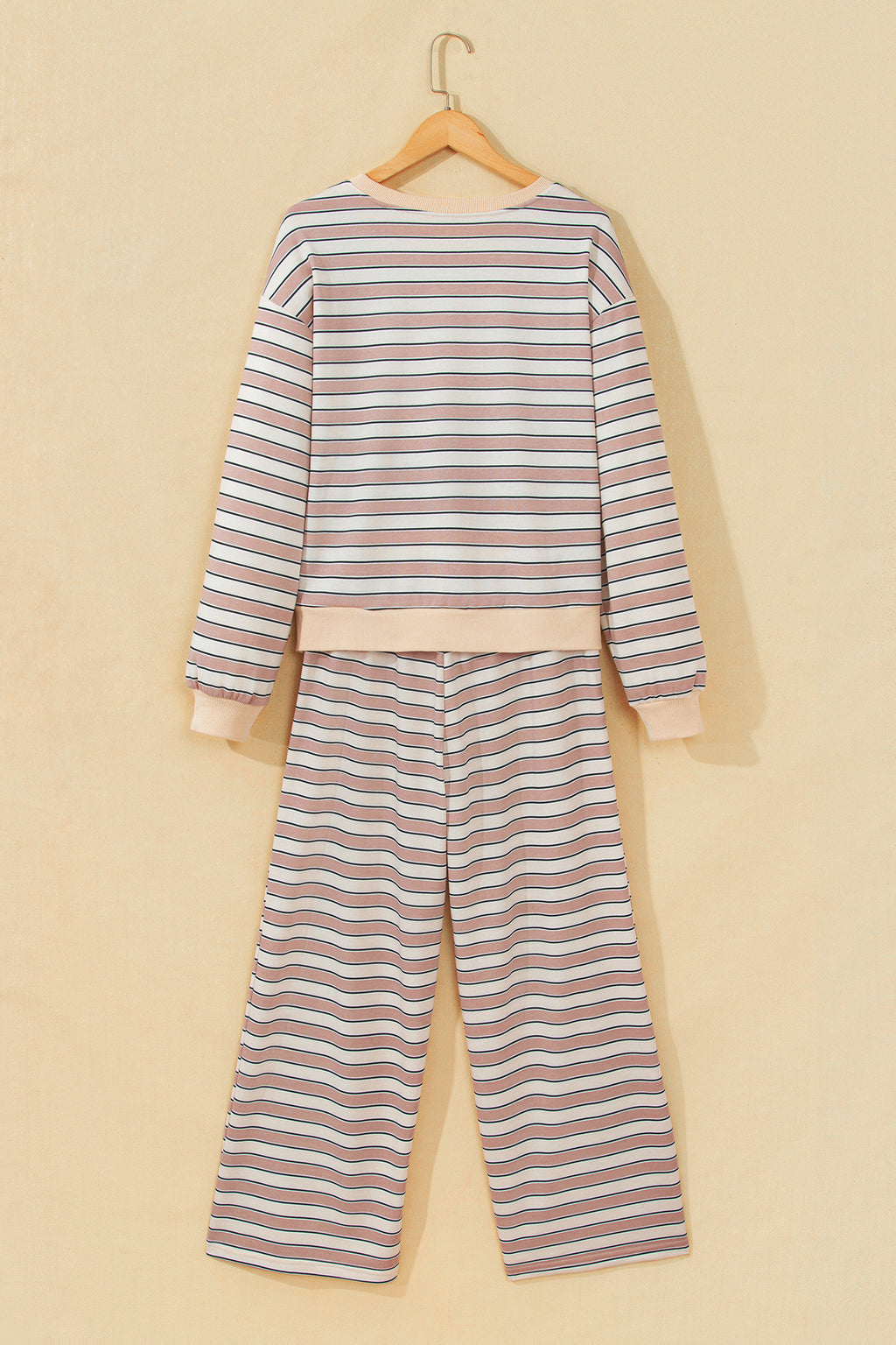 Khaki Striped Long-Sleeve Top & Wide-Leg Pants Lounge Set