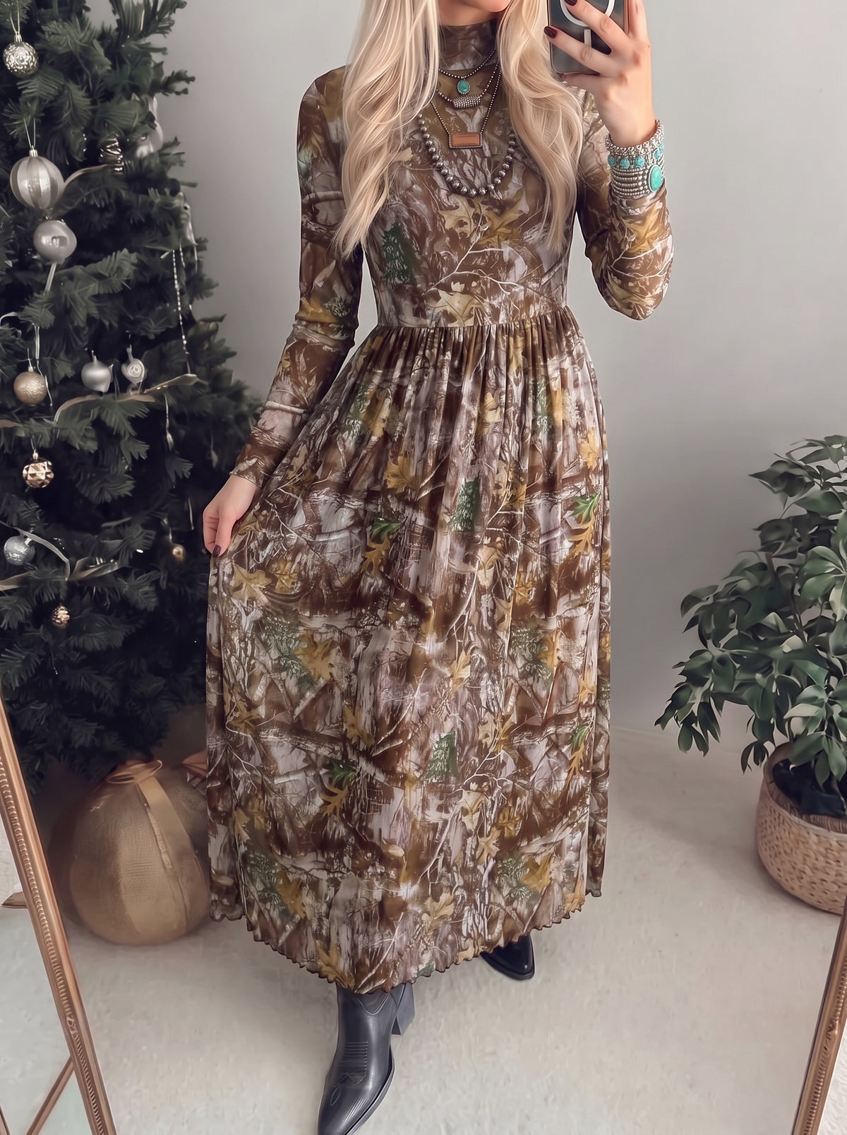 Brown Woodland Camo Mock Neck Long-Sleeve Mesh Maxi Dress