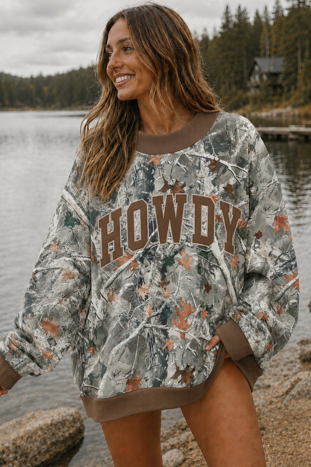 Green Western Camo Print Baggy Pullover Sweatshirt
