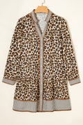 Brown Leopard Print Striped Patchwork 3/4 Sleeve Loose Mini Dress
