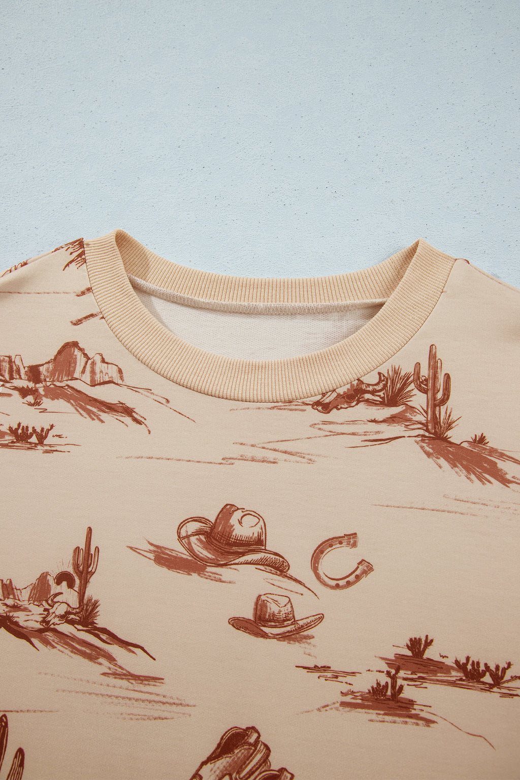 Beige Western Print Loose Fit Long Sleeve Top Short Set