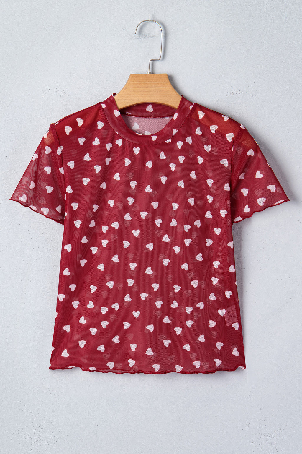 Racing Red Allover Heart Print Mesh Short Sleeve Top