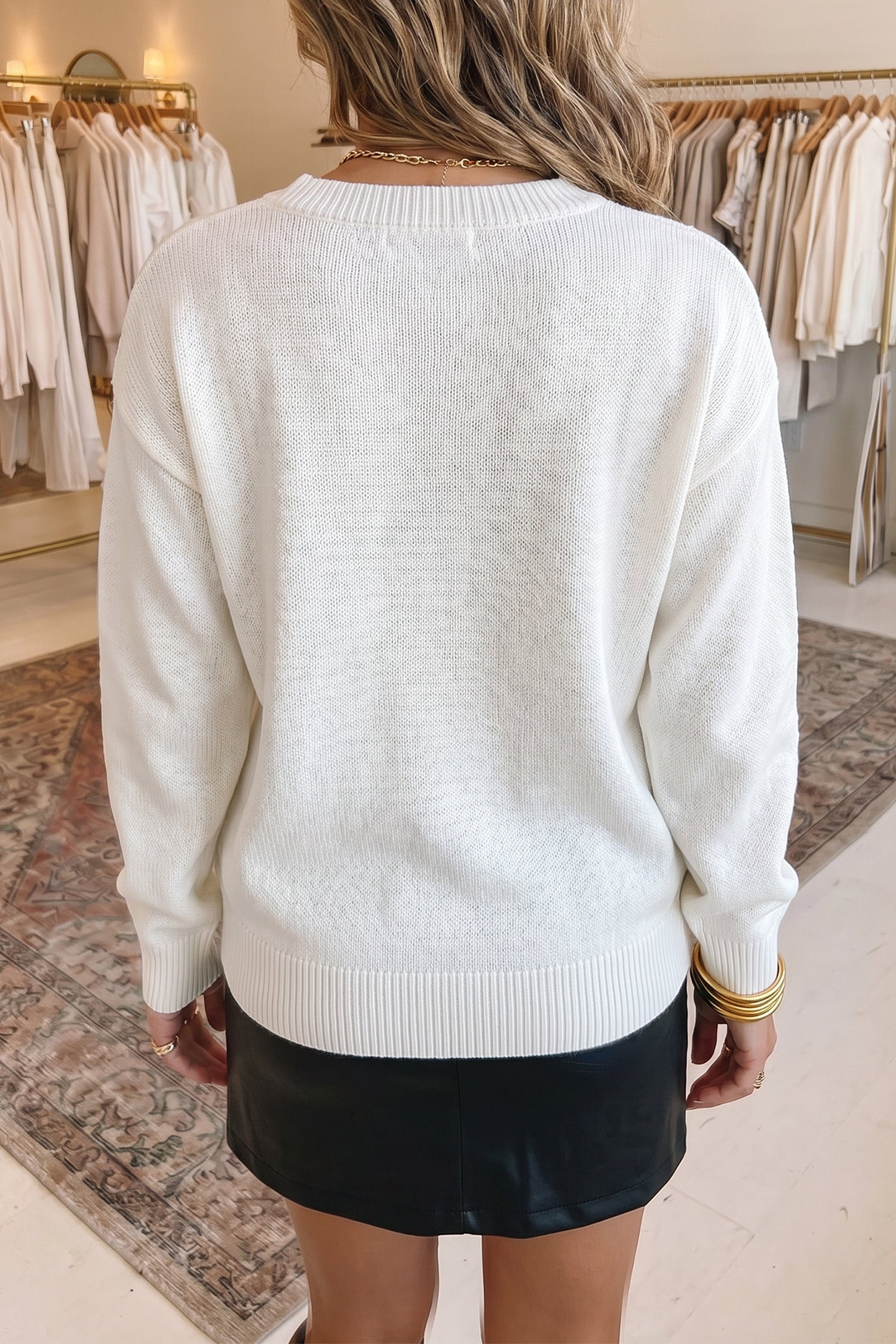 White Drop Shoulder Round Neck Long Sleeve Pullover Sweater