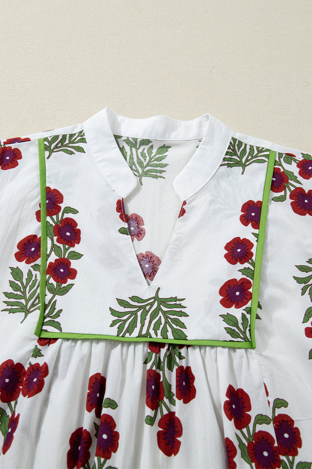 White Frilled V Neck 3/4 Sleeve Loose Floral Dress