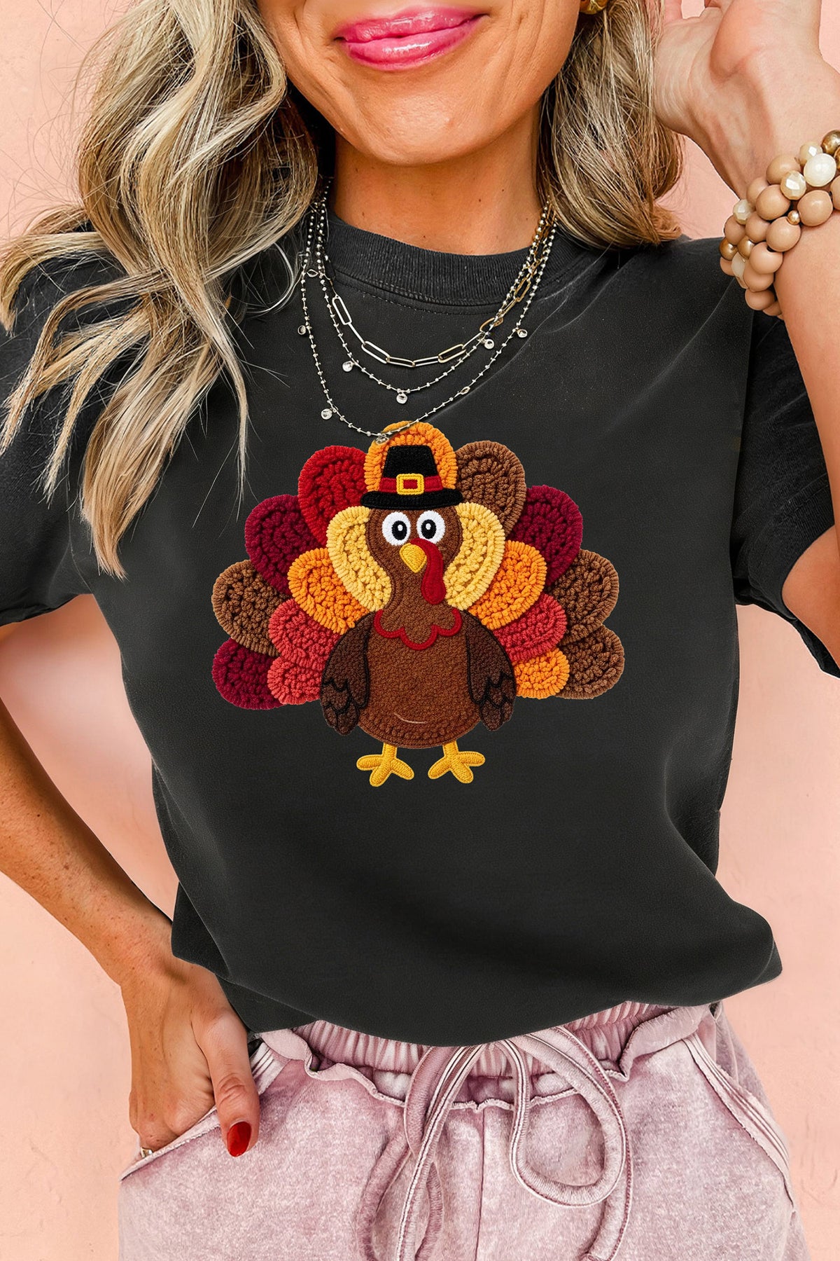 Black Thanksgiving Turkey Printed Graphic Short Sleeve Casual Shift T-Shirt